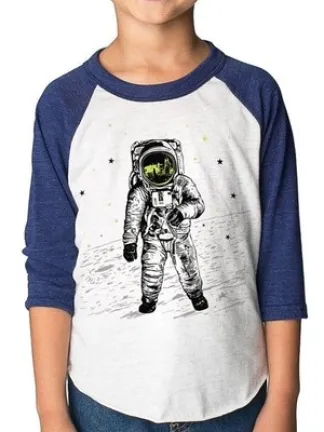 3/4 navy sleeve shirt with hand printed black and white illustration of an astronaut