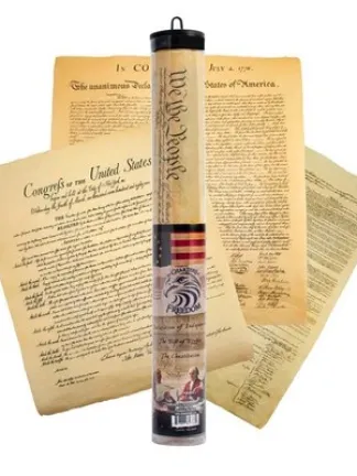 A plastic document roll and three sepia-toned reproductions of historical documents