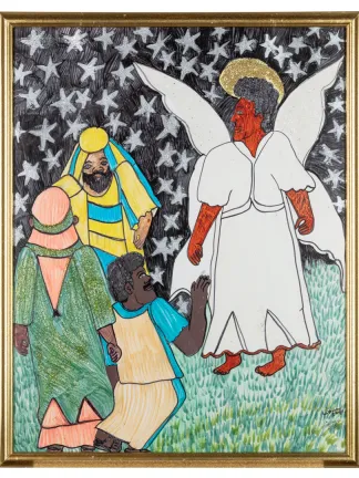 Interior scene shows angel at left and three men at right. Mixed media, including magic marker and glitter. 