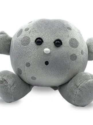 Stuffed plush toy of the moon with a face and arms and legs.