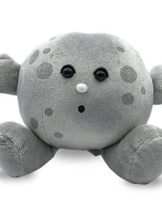 Plush Moon Toy Stuffed plush toy of the moon with a face and arms and legs.