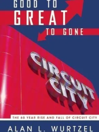 Image of the neon sign saying Circuit  City on a bright red building with a blue sky. Text: Good to Great to Gone: The 60 year Rise and Fall of Circuit City, Alan L. Wurtzel, Former CEO & Founder of Circuit City