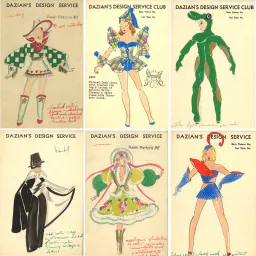 A collection of costume designs, including a cowgirl and an alligator.
