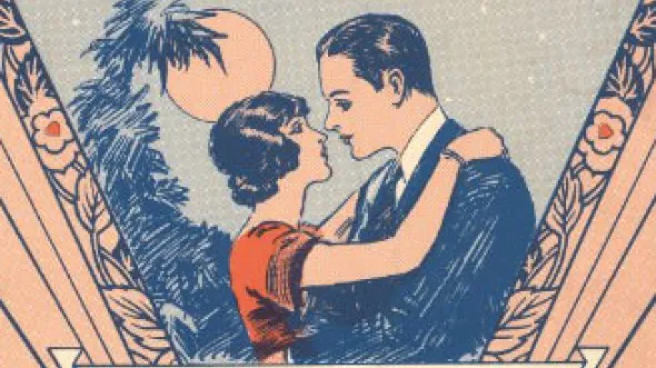 An illustration of a man and woman embracing in front of a tree and full moon