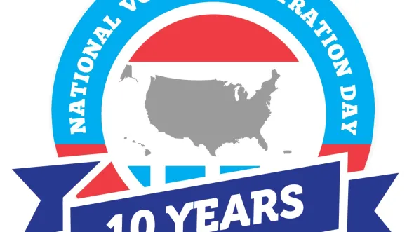 A red, white, light blue, and dark blue circular logo shows a gray outline of the US surrounded by the words: National Voter Registration Day: 10 Years