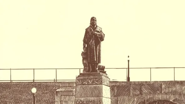 A brown and cream sketch of a Columbus statue on a pedestal