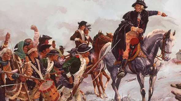 A painting of George Washington on a horse with a military corps band marching beside him