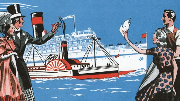 An illustration of people in turn of the century dress watching a steamboat