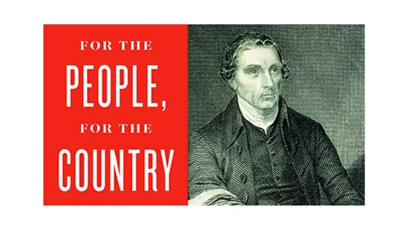 White text on red background that reads For the People, For The Country, next to a black and white sketch of Patrick Henry