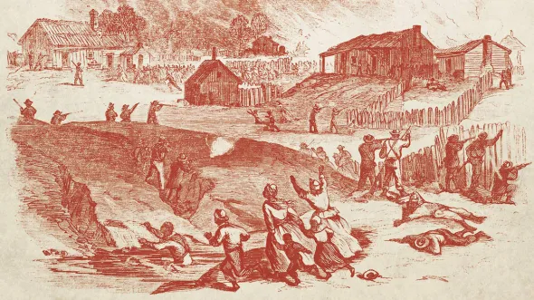 A sepia illustration of houses being burned and poeple in the foreground crying out while soldiers battle