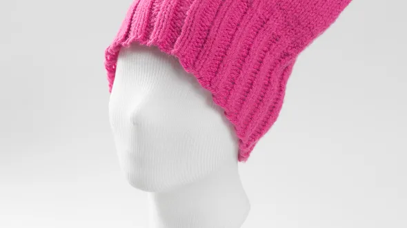 A photograph of a Pussyhat, worn at the Women’s March on Washington, D.C., January 21, 2017.
