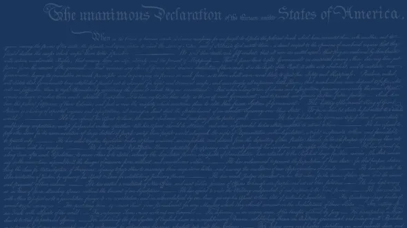 Gray text on blue background of Declaration of Independence