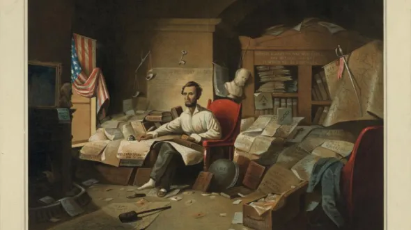 An illustration of President Abraham Lincoln surrounded by papers