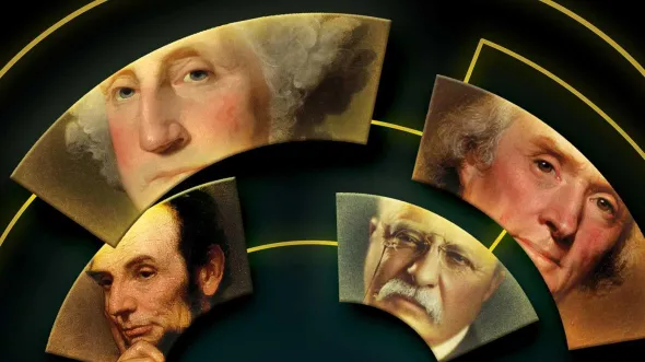 a collage of portraits of George Washington, Thomas Jefferson, Abraham Lincoln, and Franklin D. Roosevelt