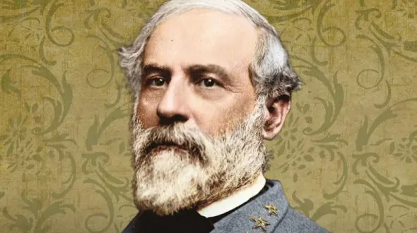 A stylized photo of Robert E. Lee in front of a green paisley background.