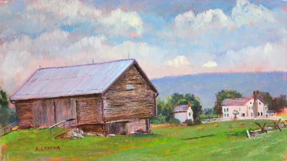 A painting titled "Pennsylvania Bank Barn, Bushong Farm, New Market Battlefield"