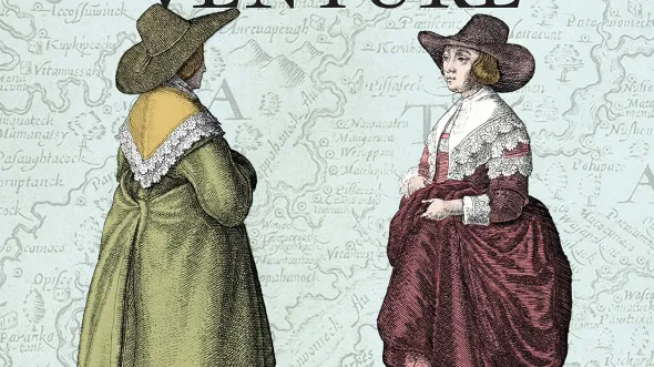 An illustration of two women in wide brimmed hats and large dresses and a map of Virginia in the background