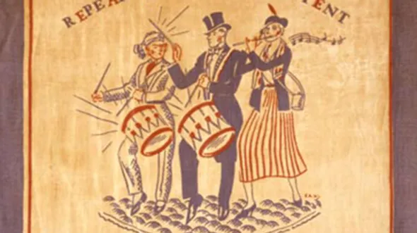 an illustration in red, white, and blue of three figures playing drums and a flute