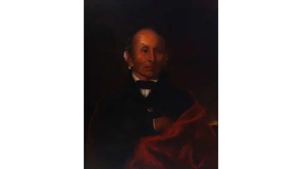An oil portrait of a Black Hawk in a suit jacked, with a red cloak