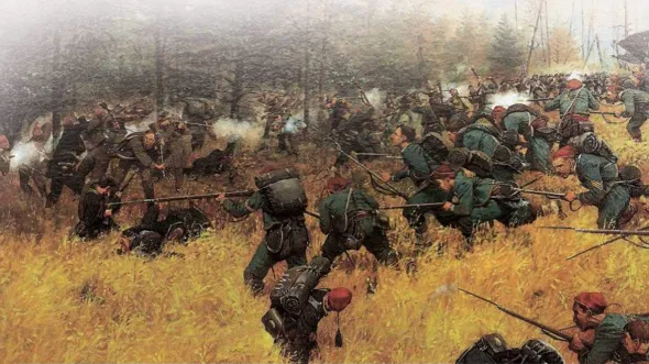 An illustration of a Civil War battle with soliders in a field.