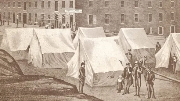 A sepia illustration of soldiers tents outside of a brick building, with soliders standing in front.