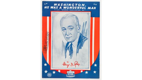 Red white and blue sheet music for "Washington, My What A Wonderful Man"