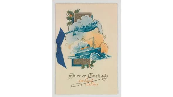 an illustrated card with blue boats and planes and text that says Seasons Greetings