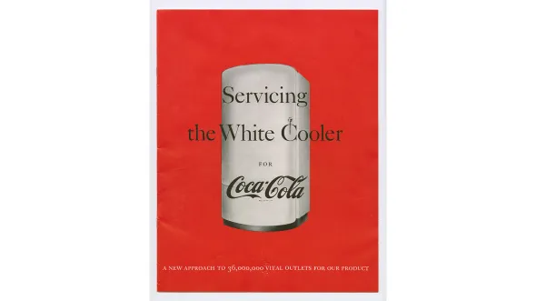 A red and white advertisement with a refrigerator and text: Servicing the white cooler for Coca Cola, 1946 