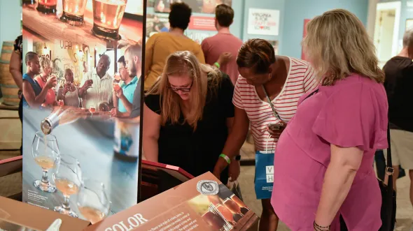 People explore the Cheers, Virginia! exhibition with graphics and artifacts related to beverage history in Virginia