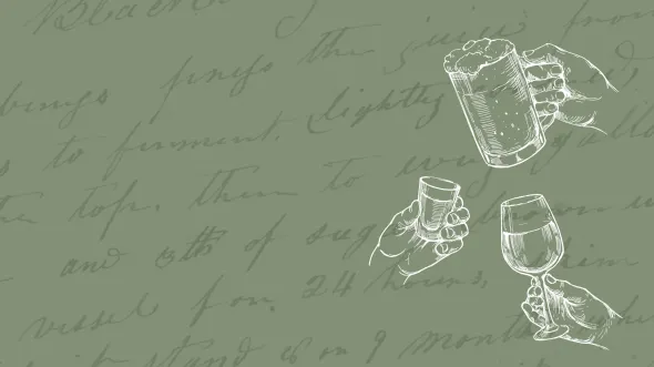 handwritten script behind a green background with white icons of hands holding a beer mug, shot glass, wine glass