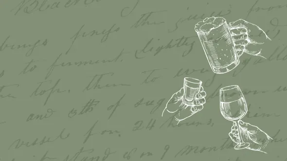 Cheers Virginia handwritten script behind a green background with white icons of hands holding a beer mug, shot glass, wine glass