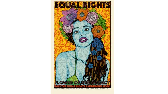 A painting of a woman with a flower crown and text that reads Equal Rights: Flower of Democracy