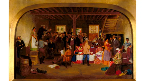 A painting titled "Slave Auction, Virginia" by Lefevre Cranstone