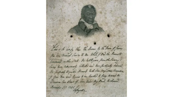 A black and white drawing of James Armistead Lafayette with writing down below.