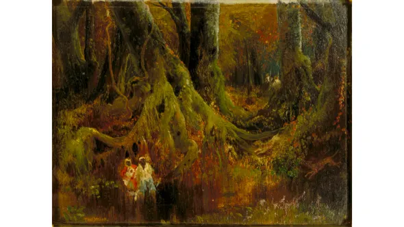 A painting titled "Slave Hunt" by Thomas Moran