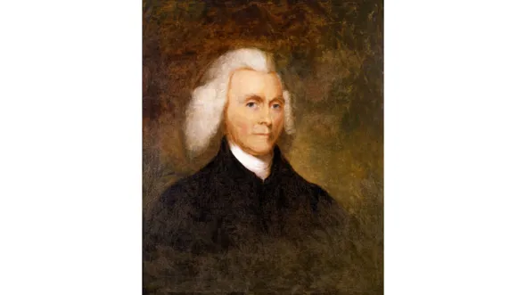 A 3/4 portrait of Edmund Pendleton in a dark jacket with white collar.