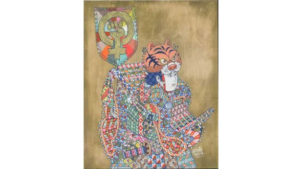 A painting of a woman with a tiger mask atop their head