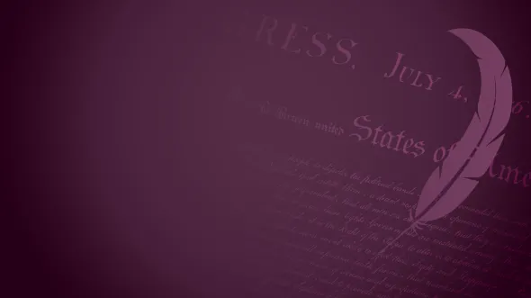A purple backround with an overlay of the Declaration of Independance and a feather pen.
