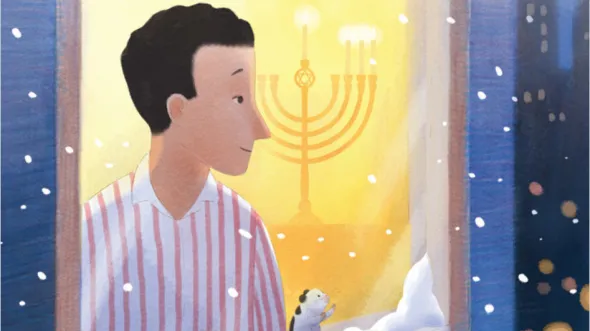 A man and a hamster look out a window at snow falling, with a lit menorah behind them.