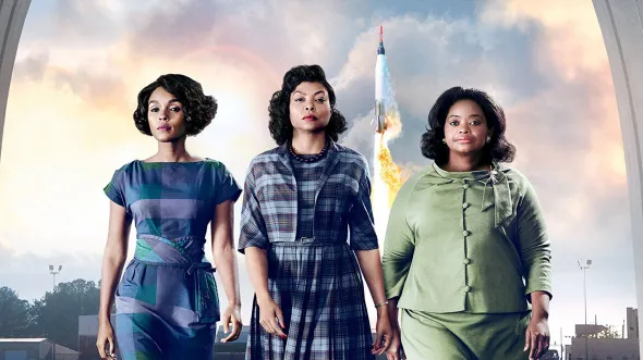 Three women in 1950s skirt suits walk towards the viewer with a rocket taking off in the background