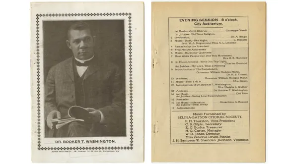 rogram,with black and white photograph of Booker T. Washington is on the front cover, at left, and a program description at right of music numbers and performer names.