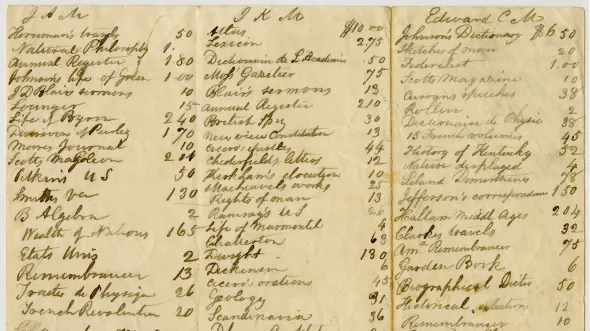 A list of book titles handwritten on sepia paper