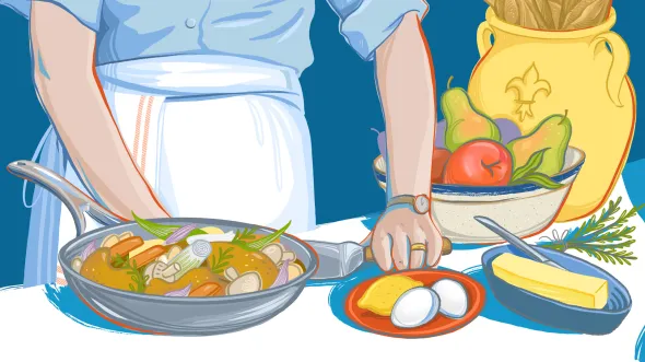 An illustration of Julia Child cooking, with a pan of vegetables; plates of butter, lemon, and eggs; and a bowl of fruit.