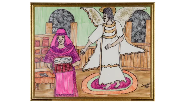 An angel is standing to the right and Mary is kneeling on the left. Mixed media, including magic marker and glitter.