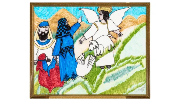Outdoor scene shows angel on the right, three shepherds on the left, and two sheep in the center. Mixed media, including magic marker and glitter.