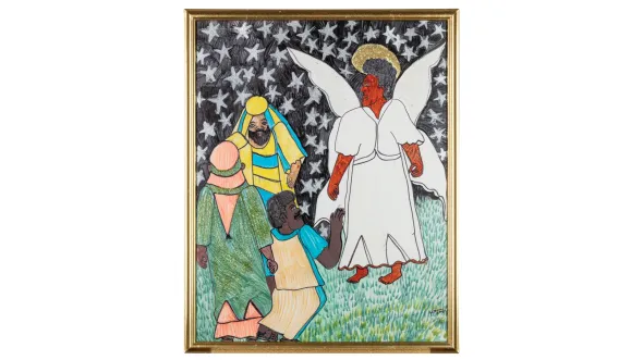 Interior scene shows angel at left and three men at right. Mixed media, including magic marker and glitter. 