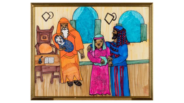  Interior scene shows elderly man on left holding baby Jesus and Mary and Joseph on the right. Mixed media, including magic marker and glitter.