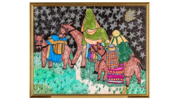 Outdoor scene shows the Holy Family on camel back facing a starry sky. Mixed media, including magic marker and glitter. 
