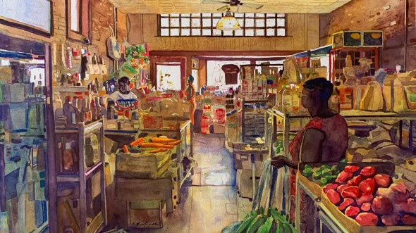 A painting titled The Parksley Caribbean Market by Charlie Lindauer (Virginia Beach, VA) -- Watercolor