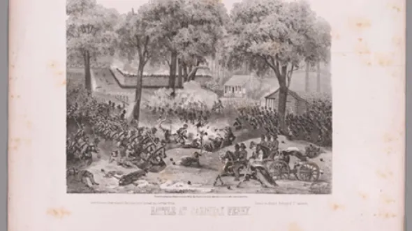 A black and white illustration of a military battle under tall trees.